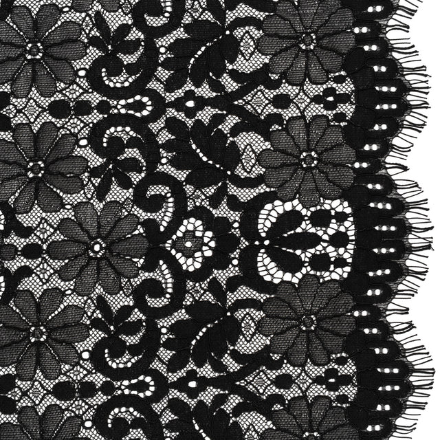 Rayon and Nylon Corded Lace with Scalloped Finished Edges - Black Flower and Dot Stripes