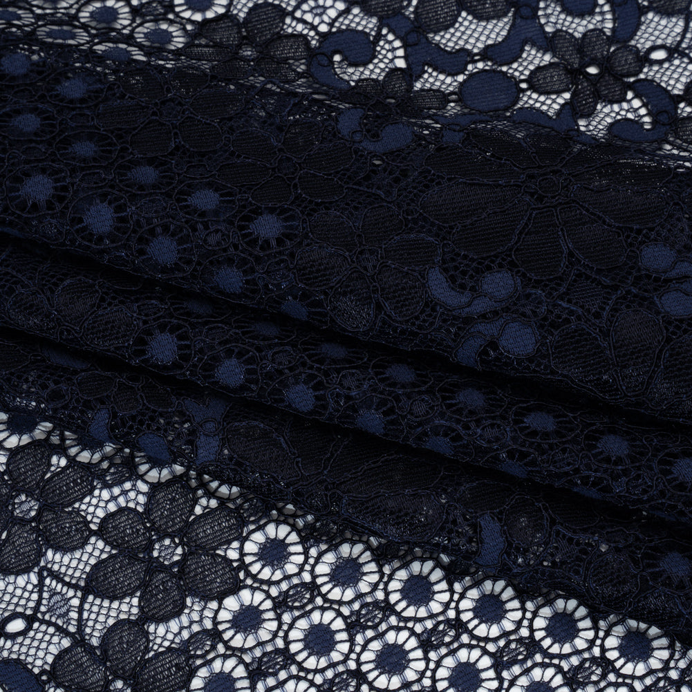 Rayon and Nylon Corded Lace with Scalloped Finished Edges - Navy Blue Flower and Dot Stripes