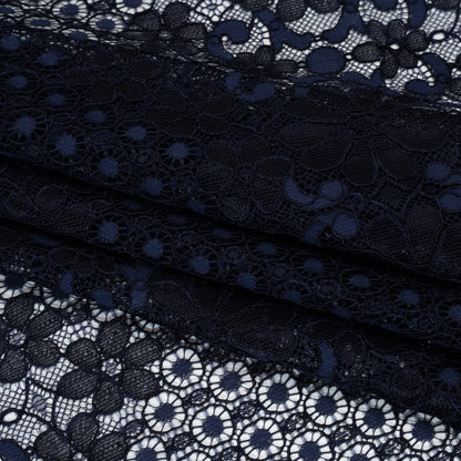 Rayon and Nylon Corded Lace with Scalloped Finished Edges - Navy Blue Flower and Dot Stripes