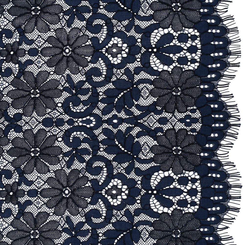 Rayon and Nylon Corded Lace with Scalloped Finished Edges - Navy Blue Flower and Dot Stripes