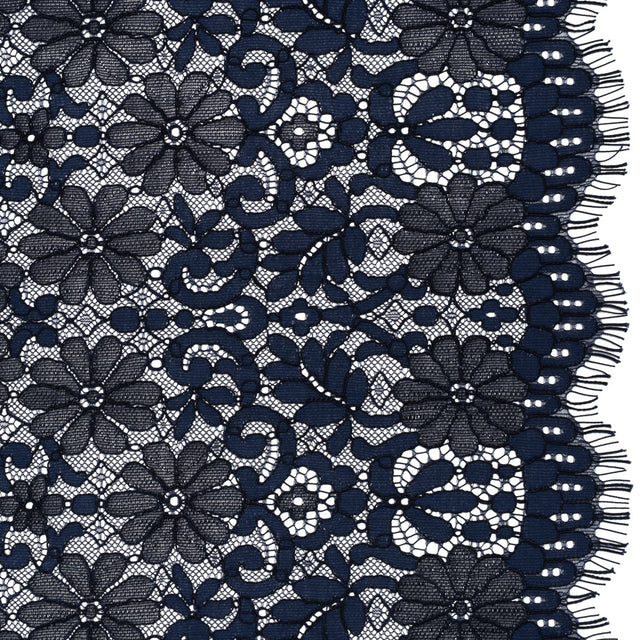 Rayon and Nylon Corded Lace with Scalloped Finished Edges - Navy Blue Flower and Dot Stripes