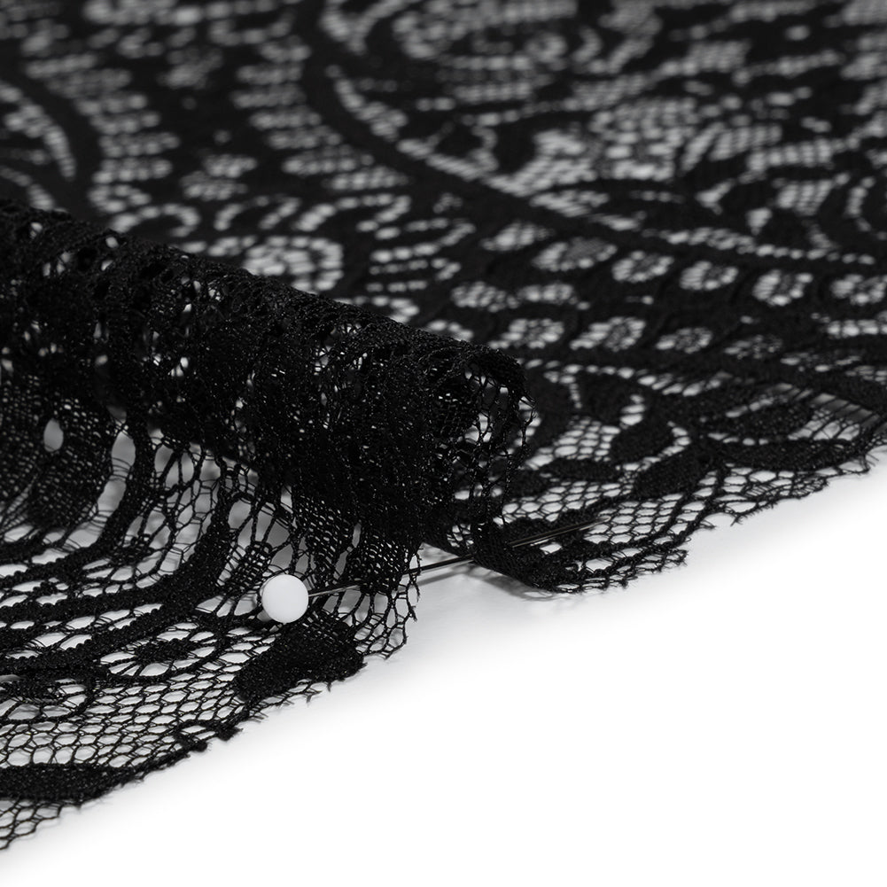 Nylon and Rayon Raschel Lace with Finished Edges - Black Flowers and Swirls - Detail