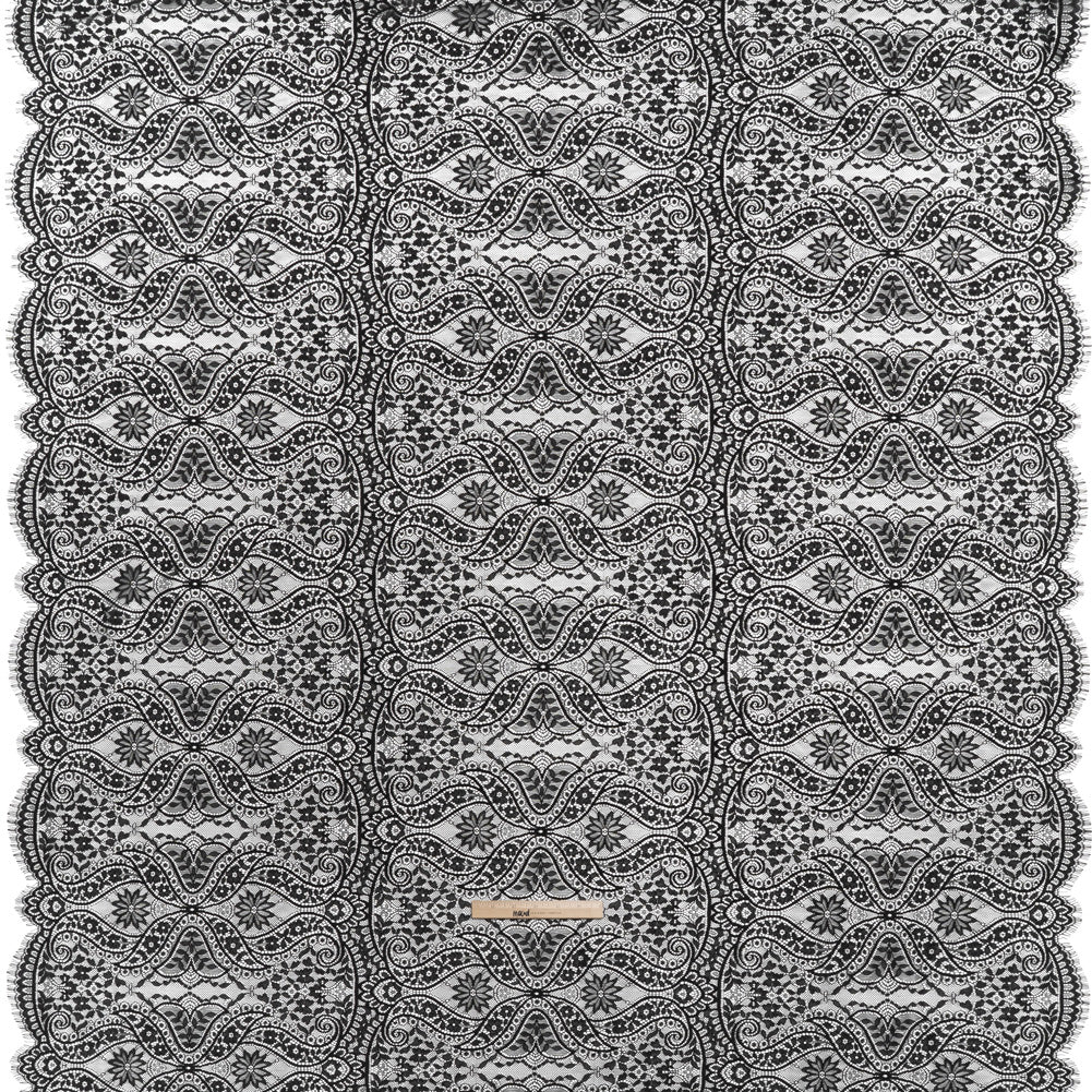 Nylon and Rayon Raschel Lace with Finished Edges - Black Flowers and Swirls - Full