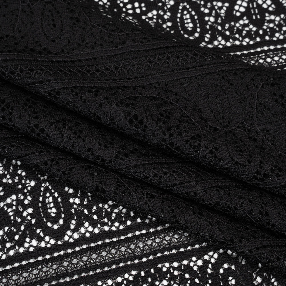 Re-Embroidered Lace with Finished Edges - Black Floral Medallion Stripes - Folded