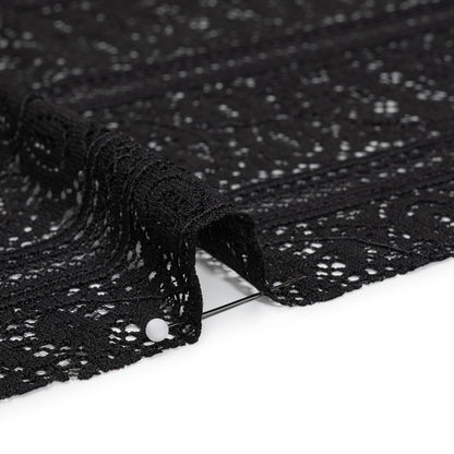 Re-Embroidered Lace with Finished Edges - Black Floral Medallion Stripes