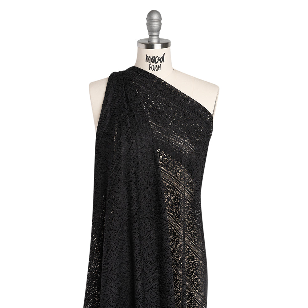 Re-Embroidered Lace with Finished Edges - Black Floral Medallion Stripes - Drape