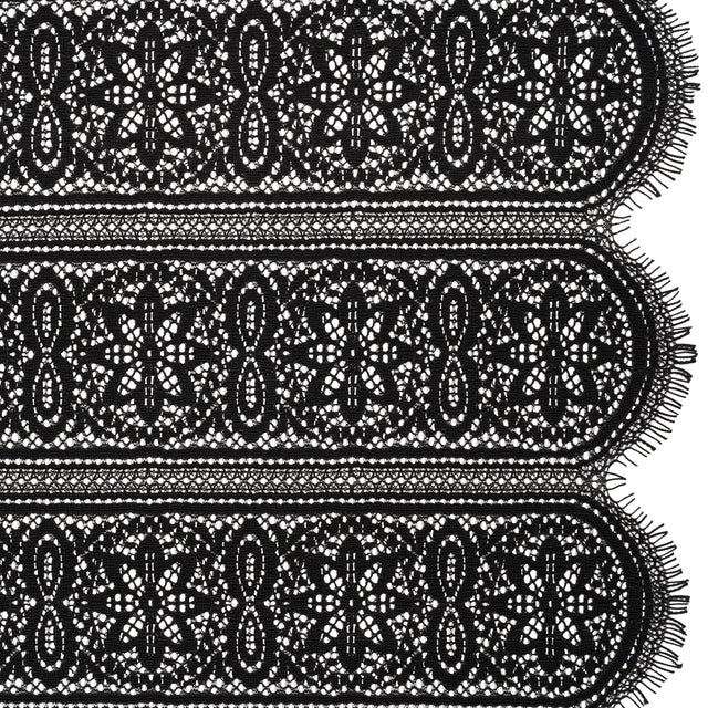 Re-Embroidered Lace with Finished Edges - Black Floral Medallion Stripes