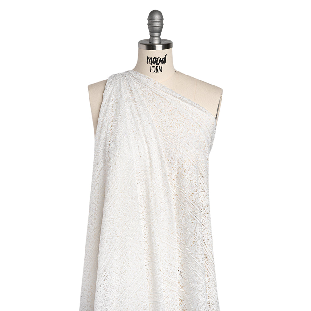 Re-Embroidered Lace with Finished Edges - Ivory Floral Medallion Stripes - Drape