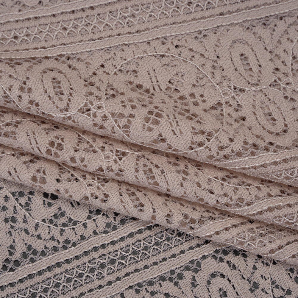 Re-Embroidered Lace with Finished Edges - Taupe Floral Medallion Stripes