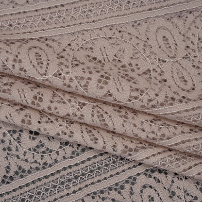 Re-Embroidered Lace with Finished Edges - Taupe Floral Medallion Stripes