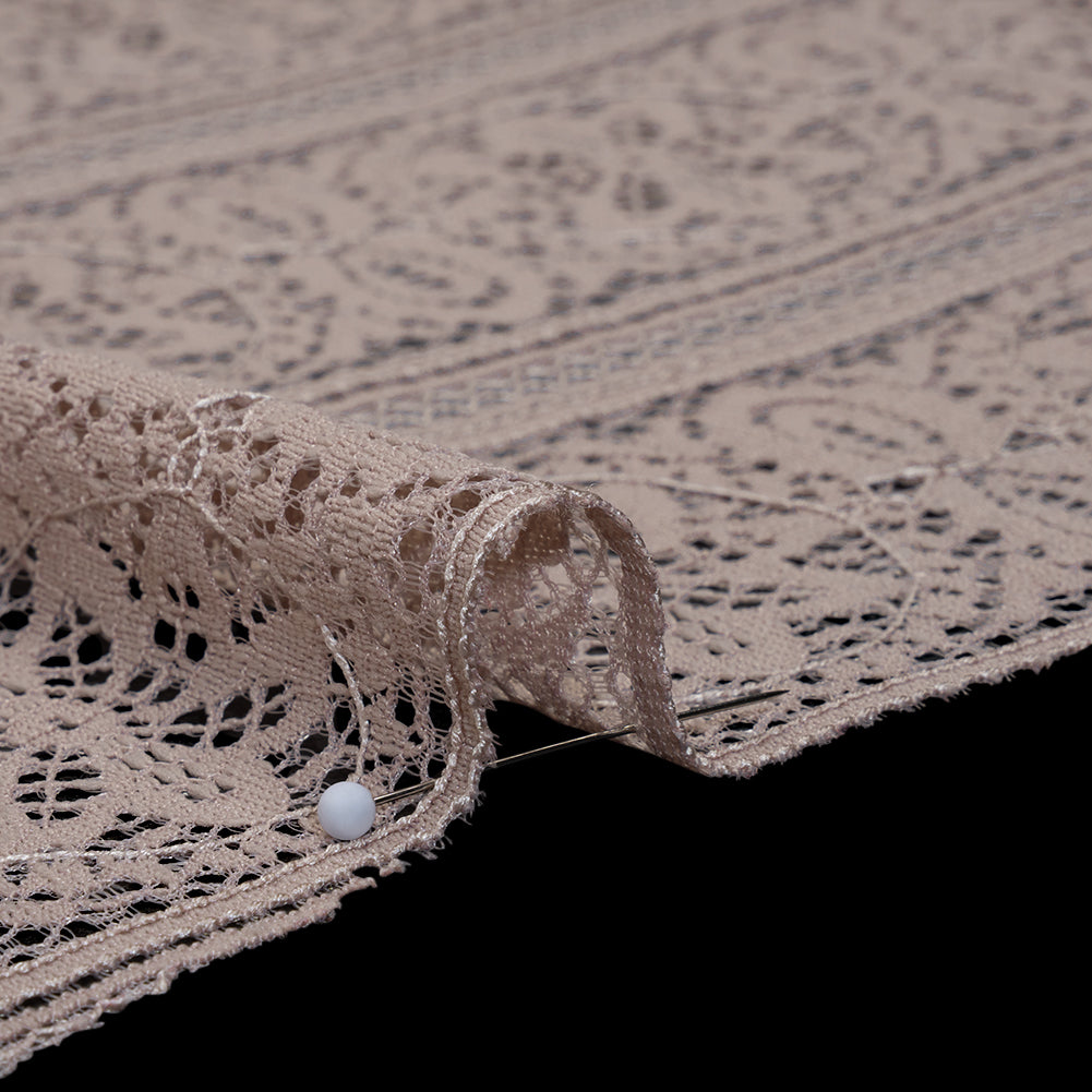 Re-Embroidered Lace with Finished Edges - Taupe Floral Medallion Stripes
