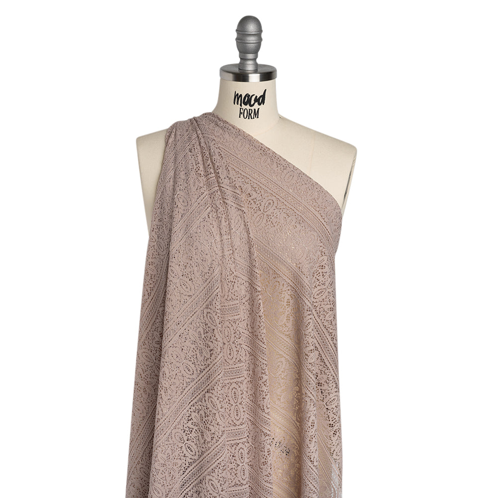 Re-Embroidered Lace with Finished Edges - Taupe Floral Medallion Stripes