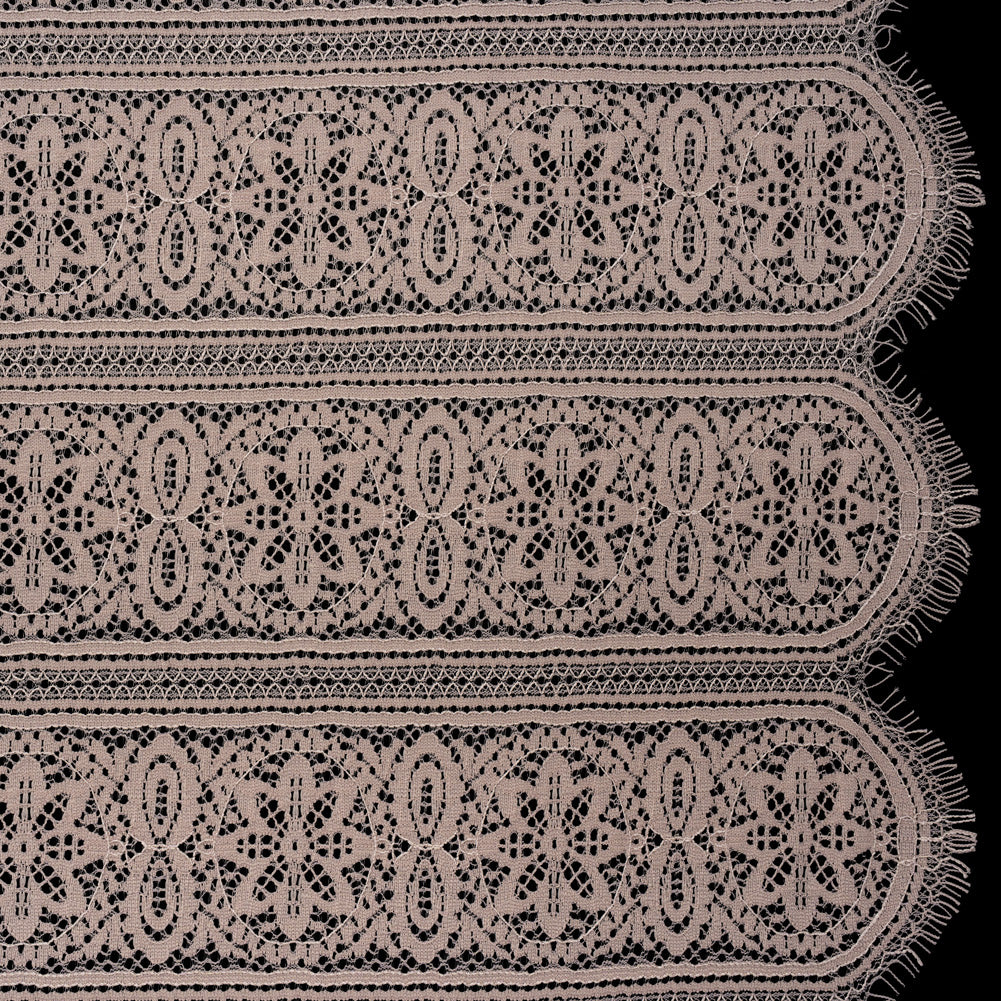 Re-Embroidered Lace with Finished Edges - Taupe Floral Medallion Stripes