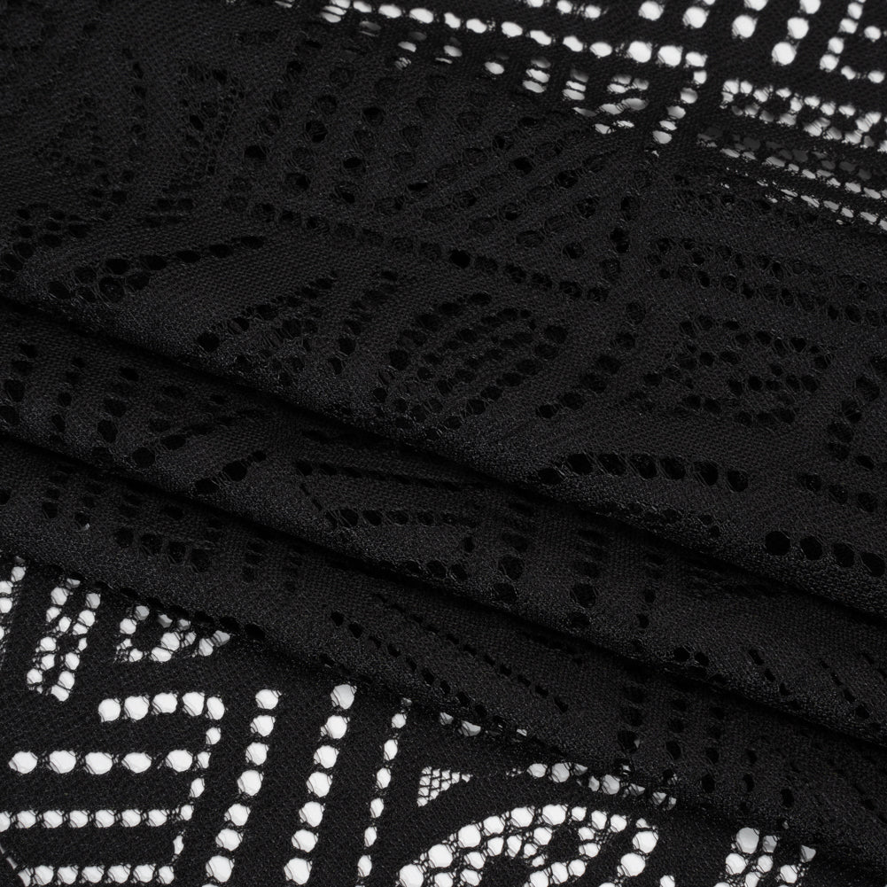 Raschel Lace with Organic Finished Edges - Black Geometry and Leaves