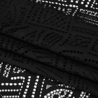 Raschel Lace with Organic Finished Edges - Black Geometry and Leaves