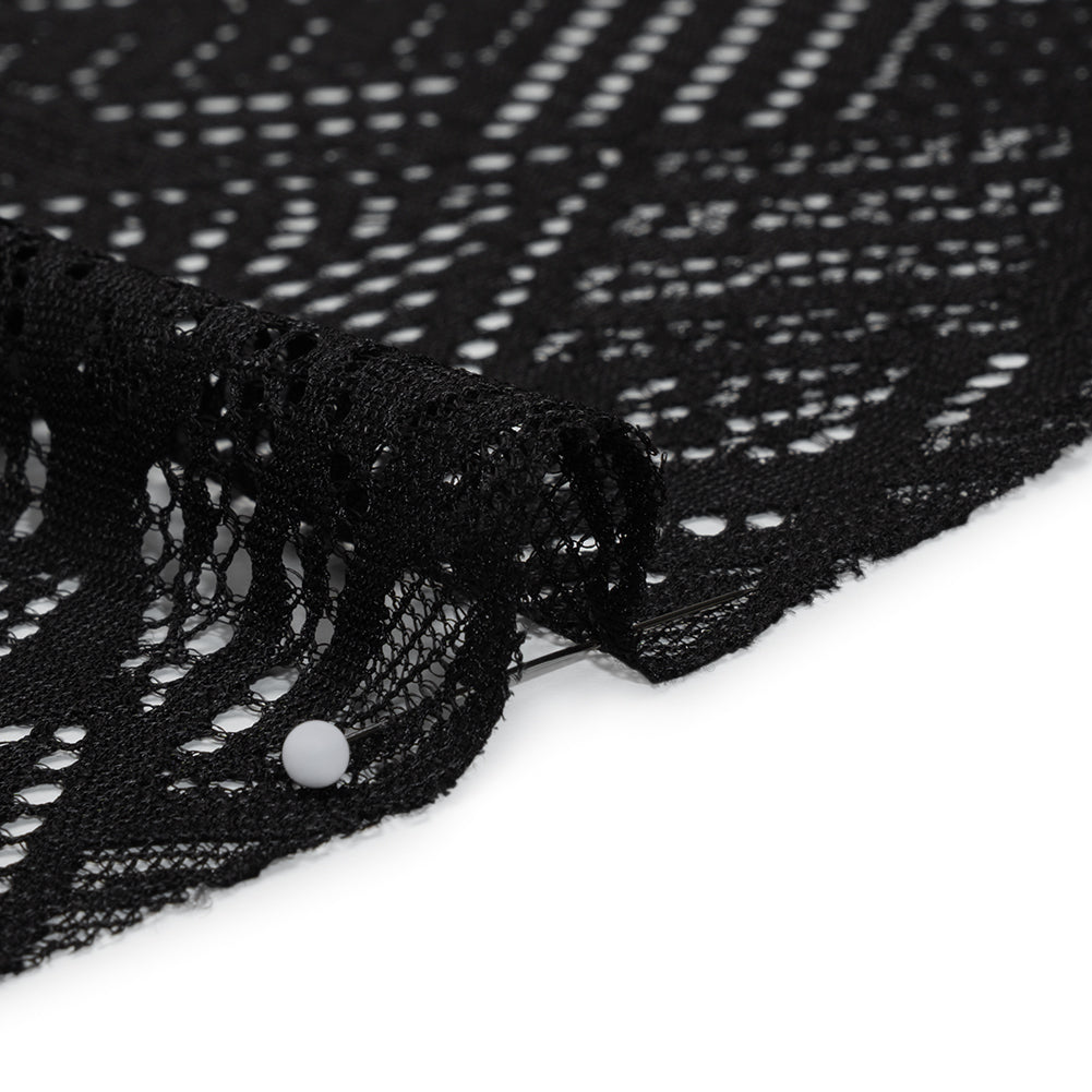 Raschel Lace with Organic Finished Edges - Black Geometry and Leaves