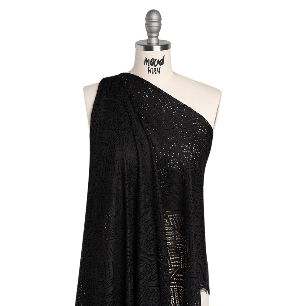 Raschel Lace with Organic Finished Edges - Black Geometry and Leaves