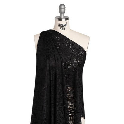 Raschel Lace with Organic Finished Edges - Black Geometry and Leaves