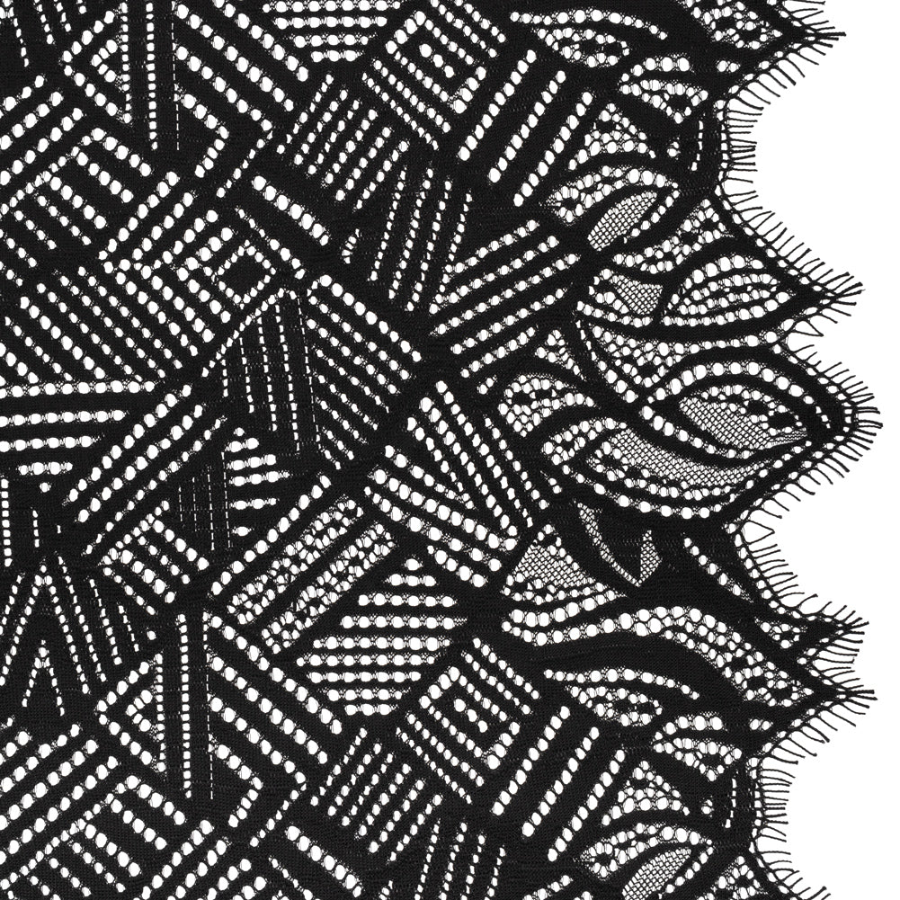 Raschel Lace with Organic Finished Edges - Black Geometry and Leaves