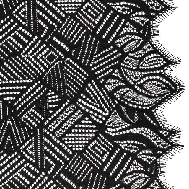 Raschel Lace with Organic Finished Edges - Black Geometry and Leaves