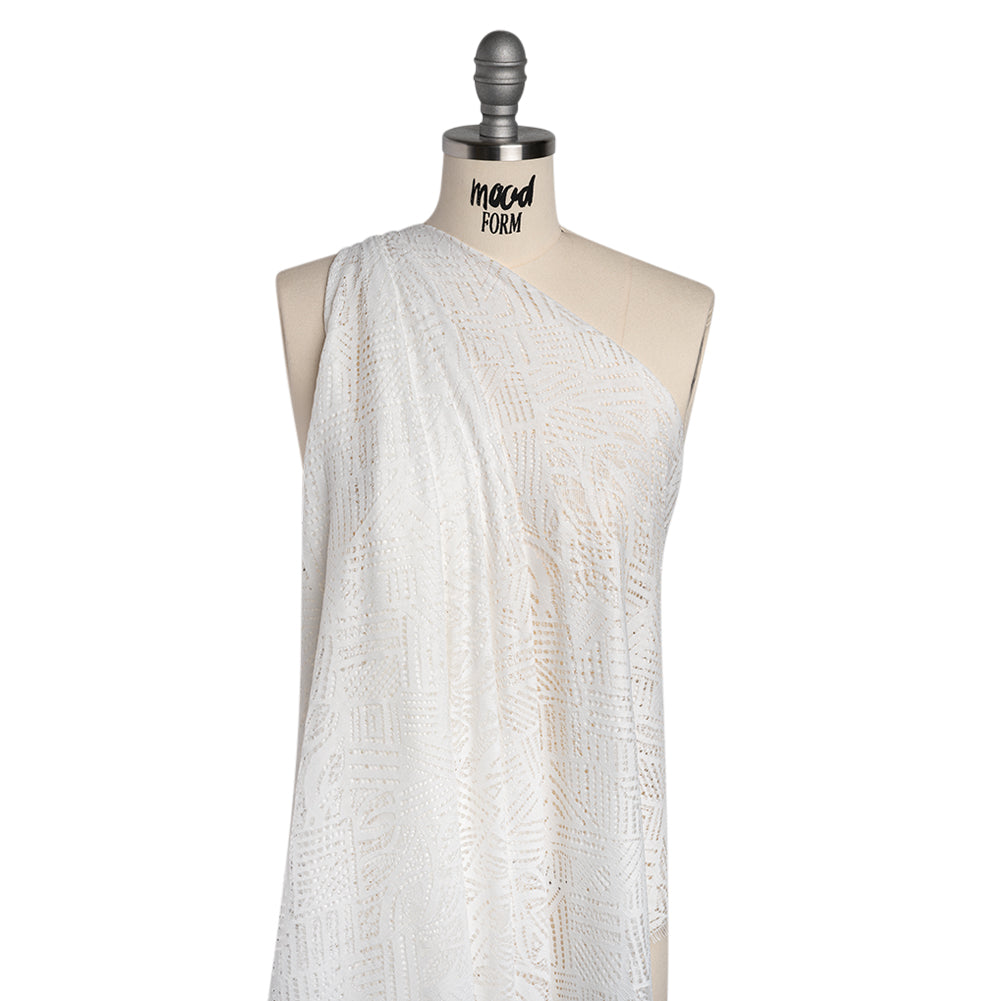 Raschel Lace with Organic Finished Edges - Ivory Geometry and Leaves