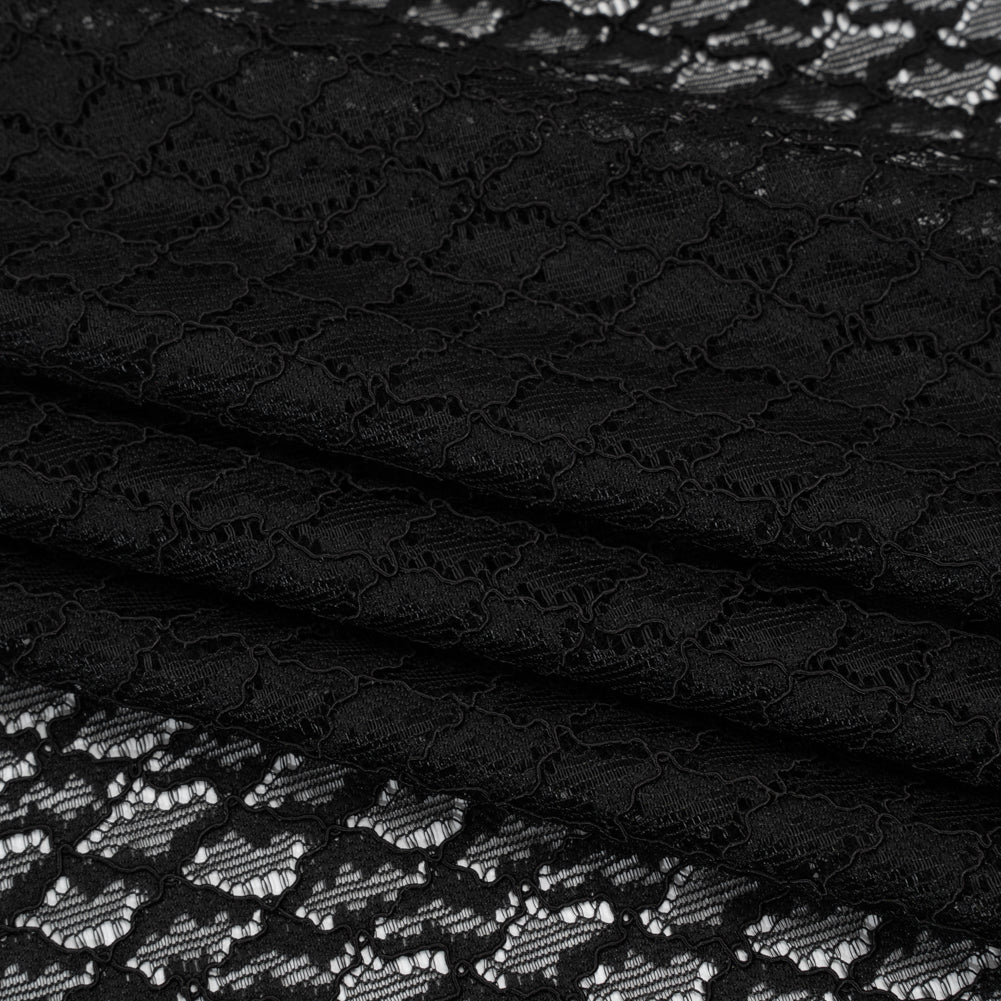 Corded Lace with Finished Eyelash Edges - Black Diamond Lattice