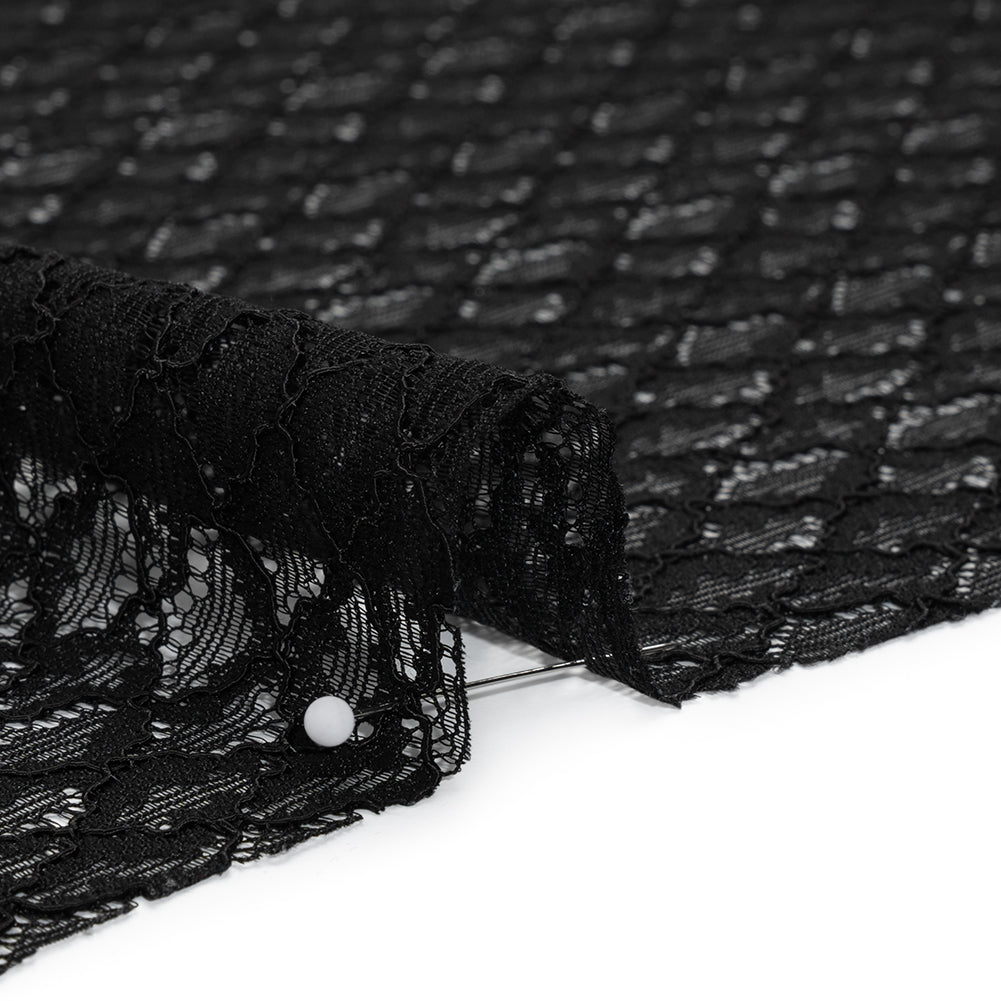 Corded Lace with Finished Eyelash Edges - Black Diamond Lattice