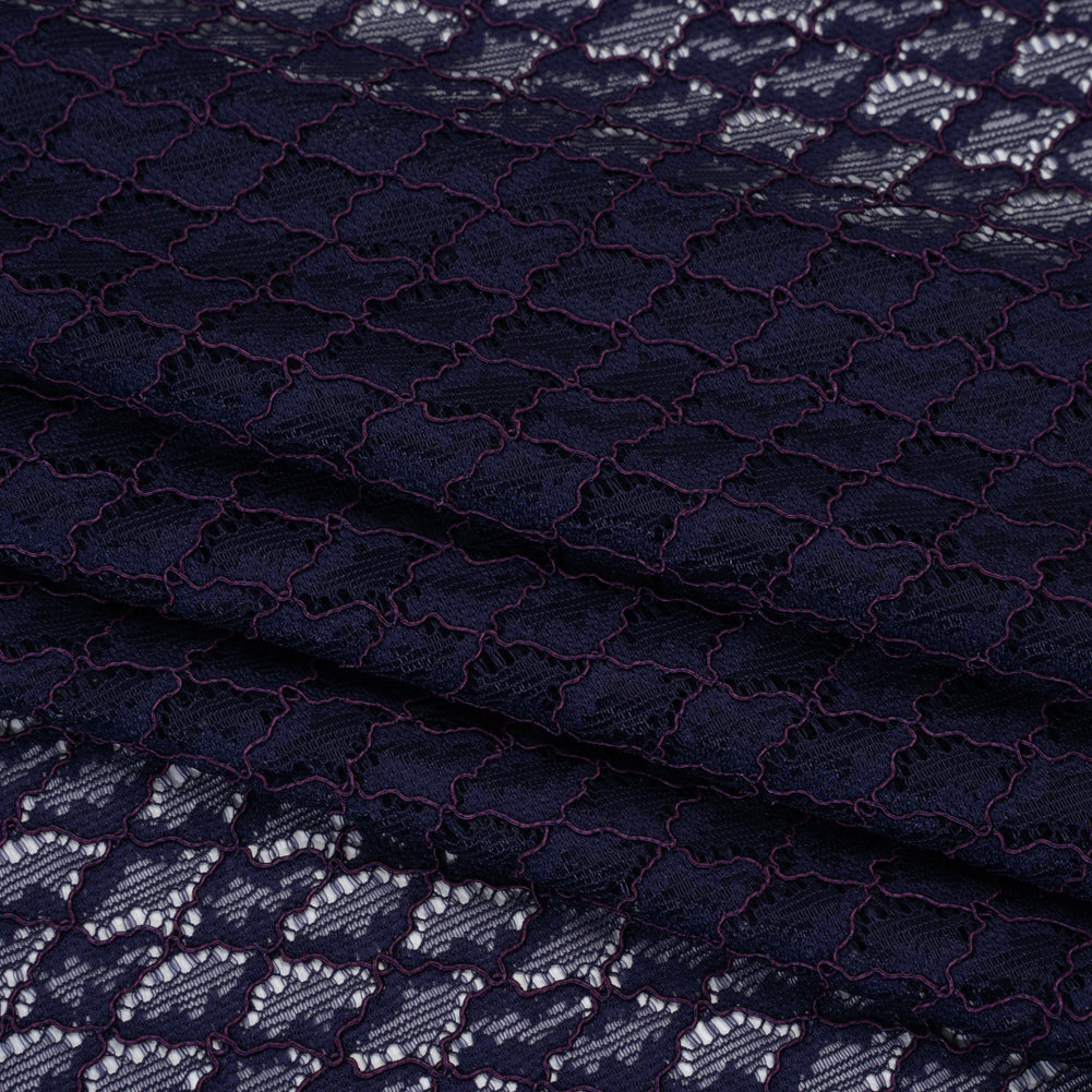 Corded Lace with Finished Eyelash Edges - Navy and Purple Diamond Lattice - Folded