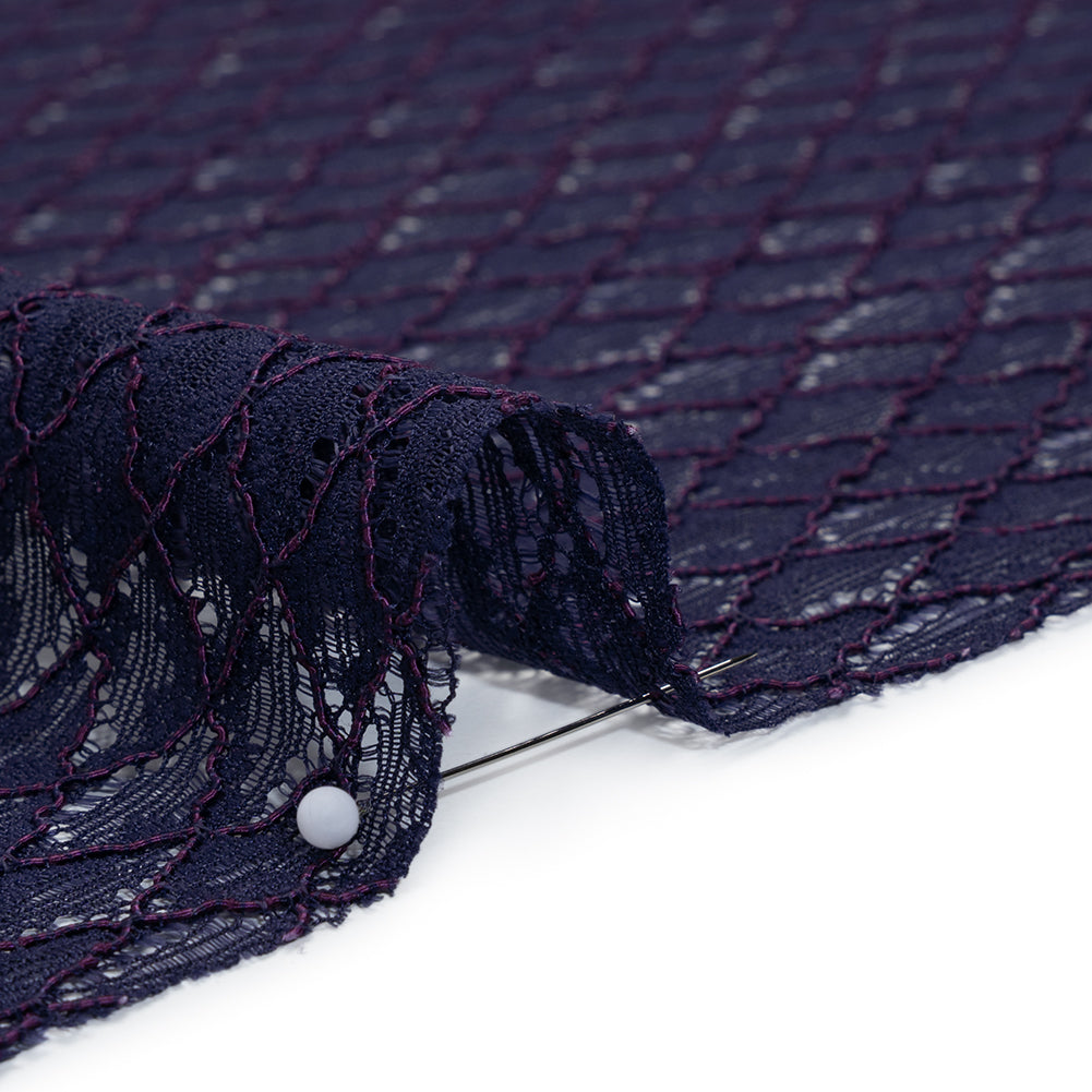 Corded Lace with Finished Eyelash Edges - Navy and Purple Diamond Lattice - Detail