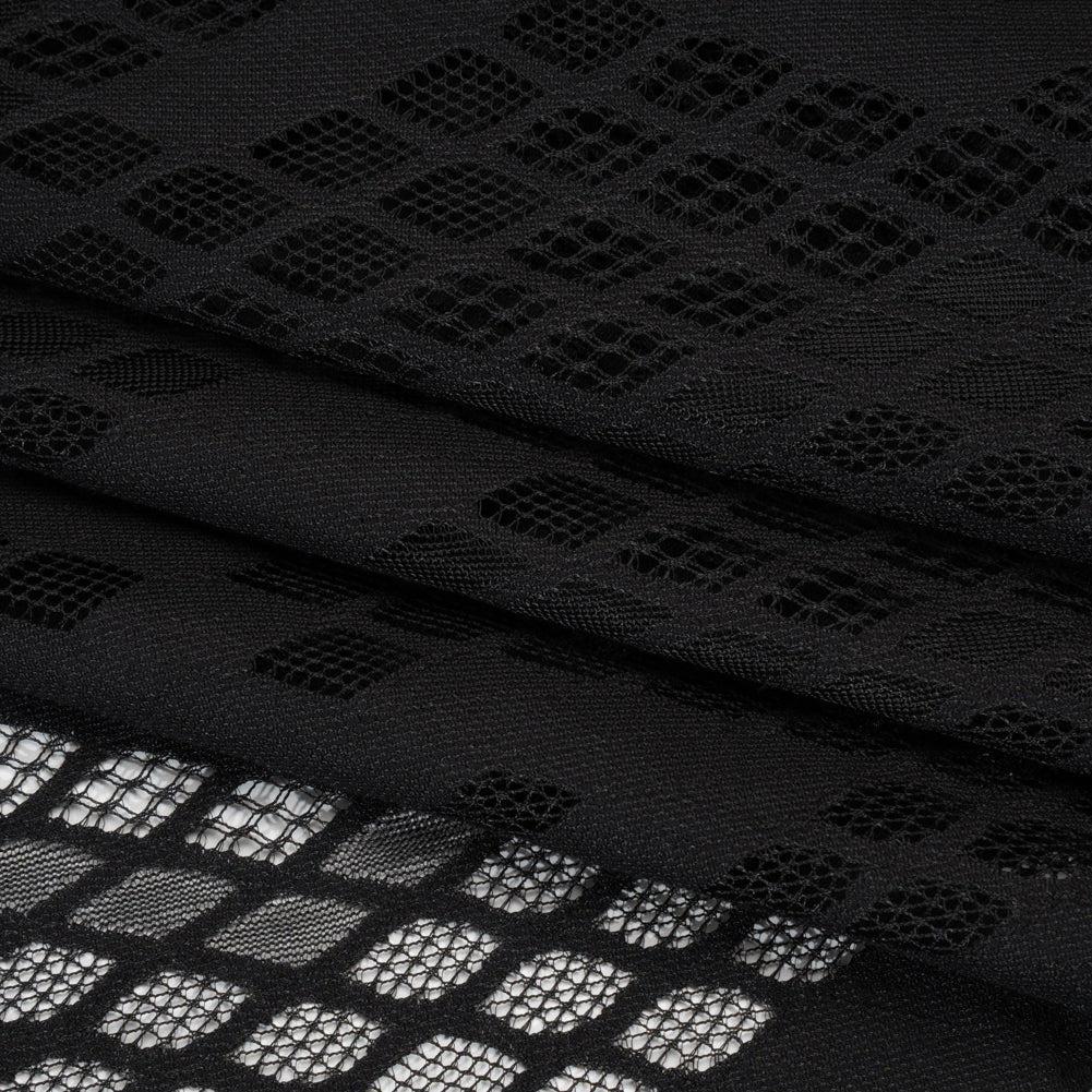 Raschel Lace with Eyelash Fringe Edges - Black Diamond Argyle - Folded