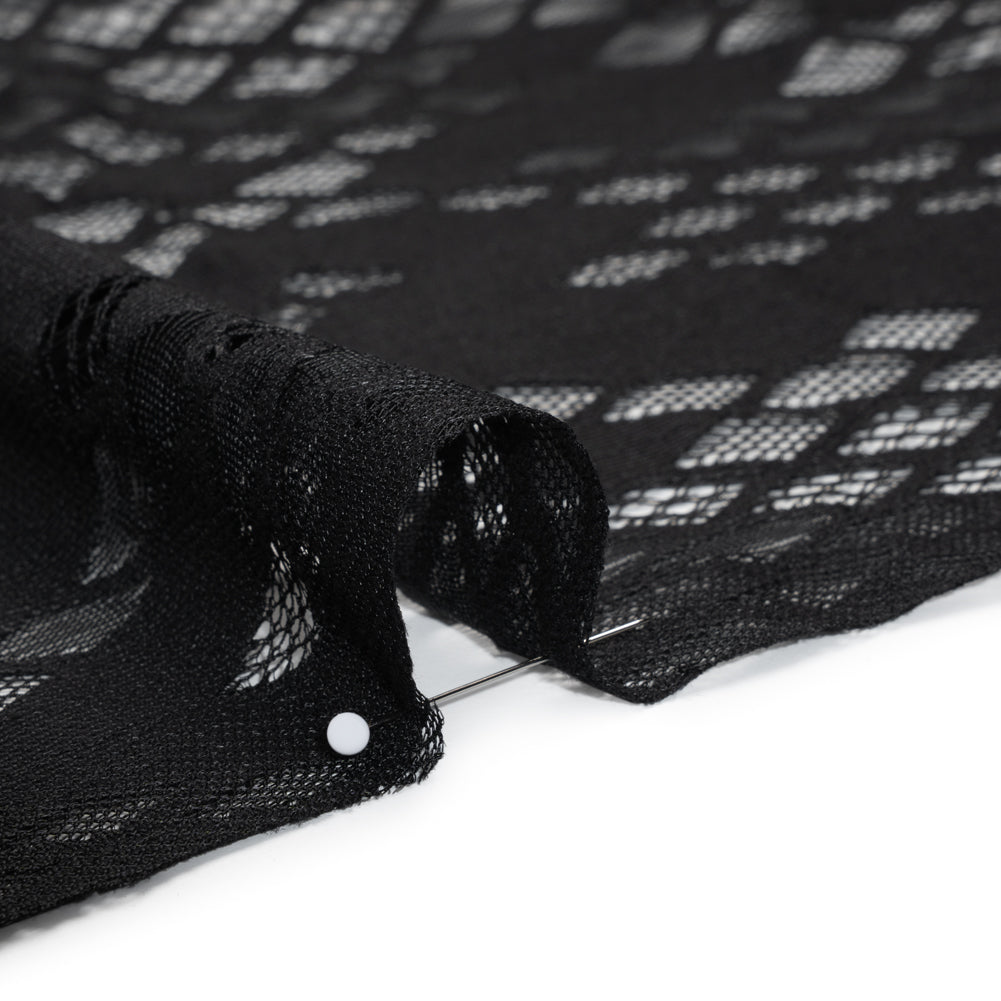 Raschel Lace with Eyelash Fringe Edges - Black Diamond Argyle - Detail