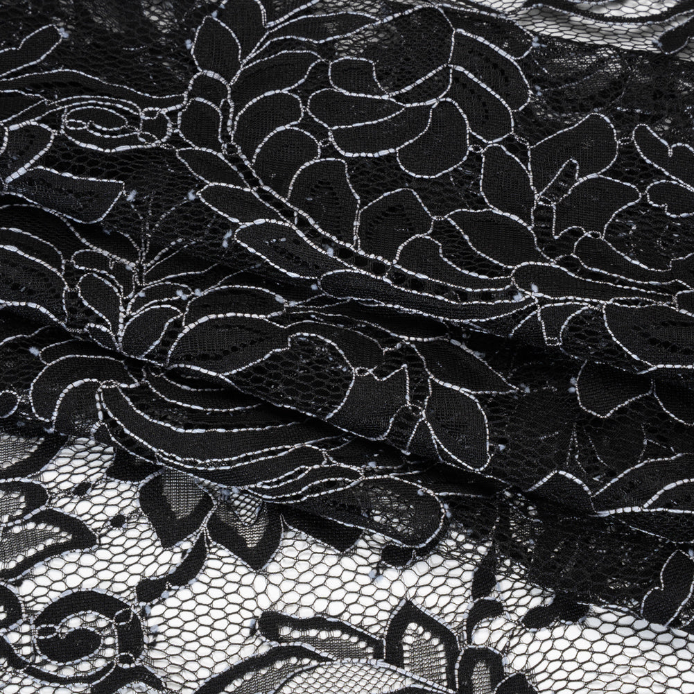 Corded Lace with Finished Scalloped Edges - Black and Ivory Flowers and Leaves
