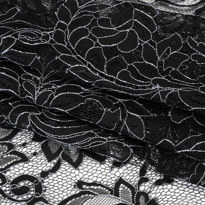 Corded Lace with Finished Scalloped Edges - Black and Ivory Flowers and Leaves