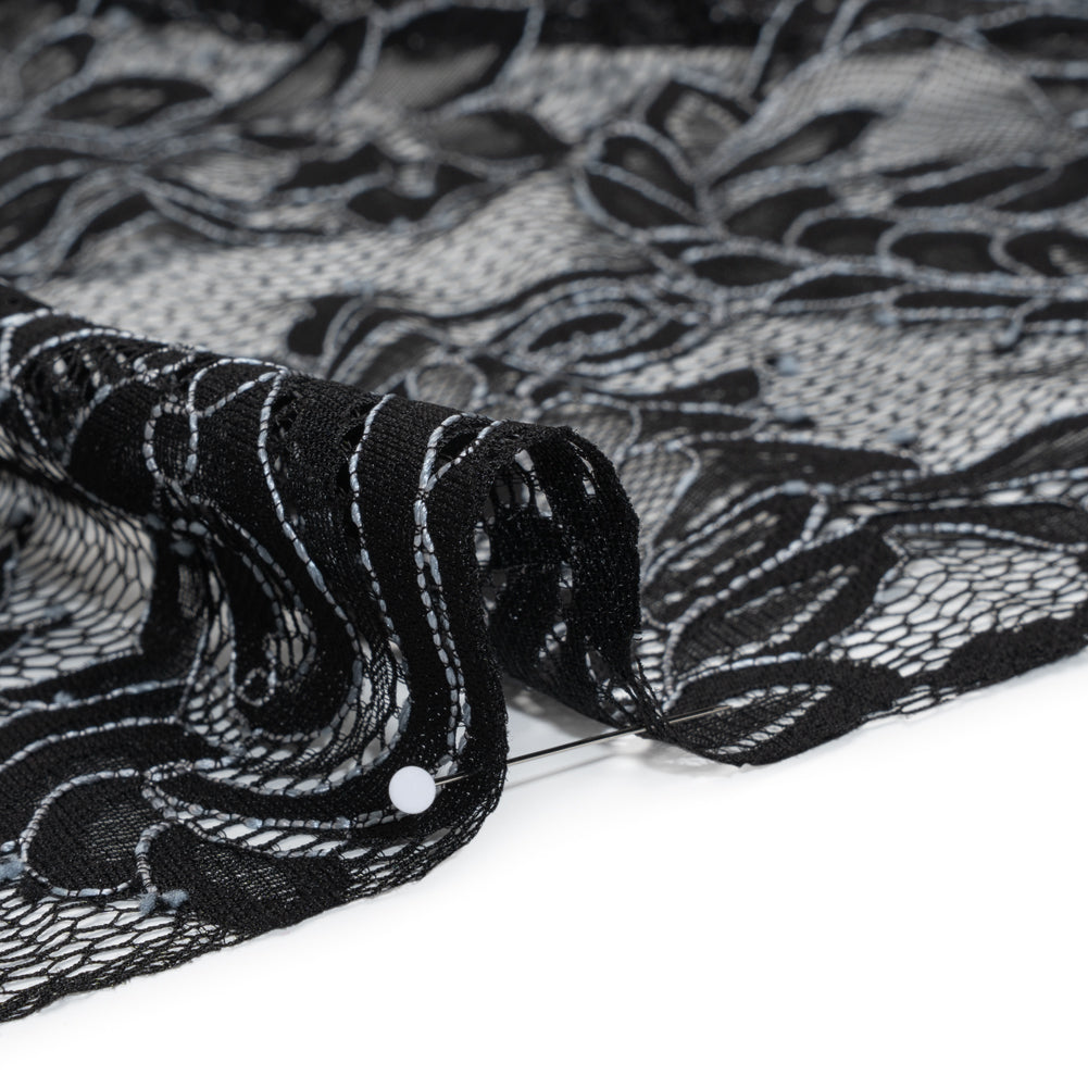 Corded Lace with Finished Scalloped Edges - Black and Ivory Flowers and Leaves