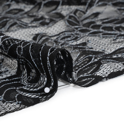 Corded Lace with Finished Scalloped Edges - Black and Ivory Flowers and Leaves