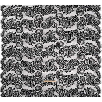 Corded Lace with Finished Scalloped Edges - Black and Ivory Flowers and Leaves