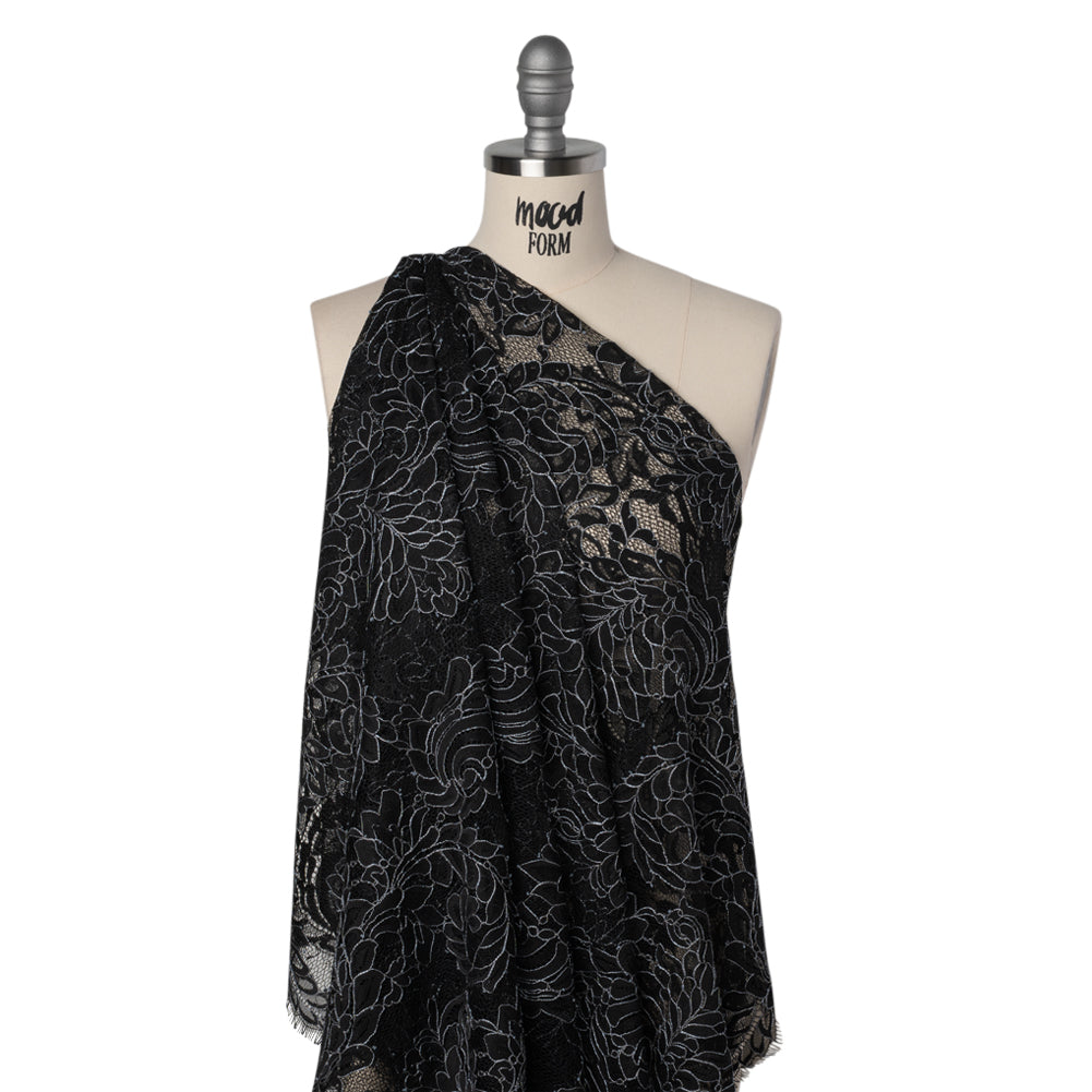 Corded Lace with Finished Scalloped Edges - Black and Ivory Flowers and Leaves
