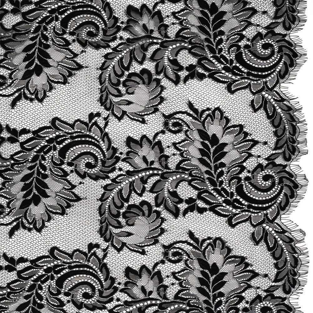 Corded Lace with Finished Scalloped Edges - Black and Ivory Flowers and Leaves