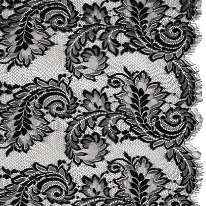 Corded Lace with Finished Scalloped Edges - Black and Ivory Flowers and Leaves