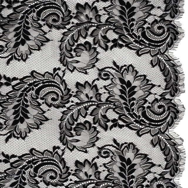 Corded Lace with Finished Scalloped Edges - Black and Ivory Flowers and Leaves
