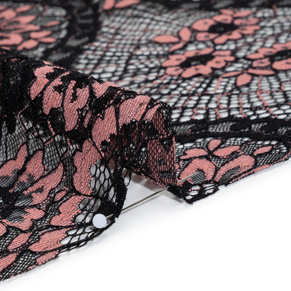 Raschel Lace with Finished Scalloped Edges - Black and Dusty Rose Sunflowers and Daisies Detail