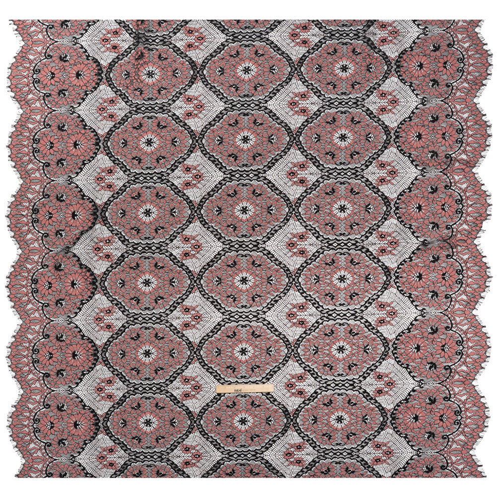 Raschel Lace with Finished Scalloped Edges - Black and Dusty Rose Sunflowers and Daisies Full