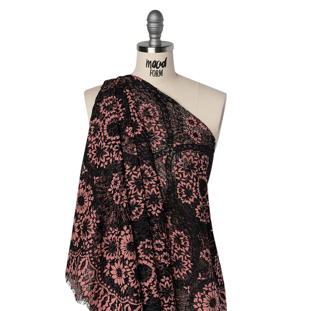 Raschel Lace with Finished Scalloped Edges - Black and Dusty Rose Sunflowers and Daisies Drape