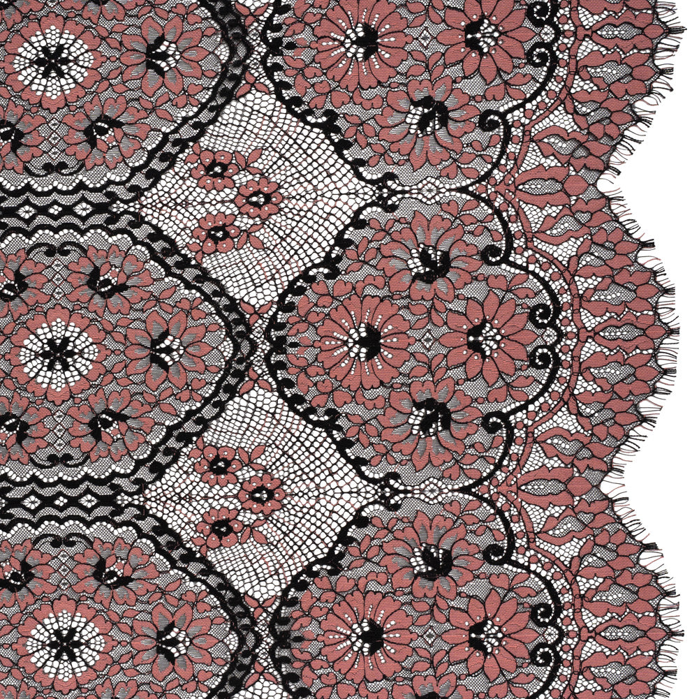Raschel Lace with Finished Scalloped Edges - Black and Dusty Rose Sunflowers and Daisies