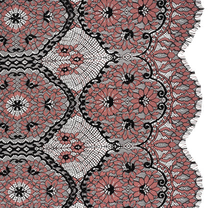 Raschel Lace with Finished Scalloped Edges - Black and Dusty Rose Sunflowers and Daisies
