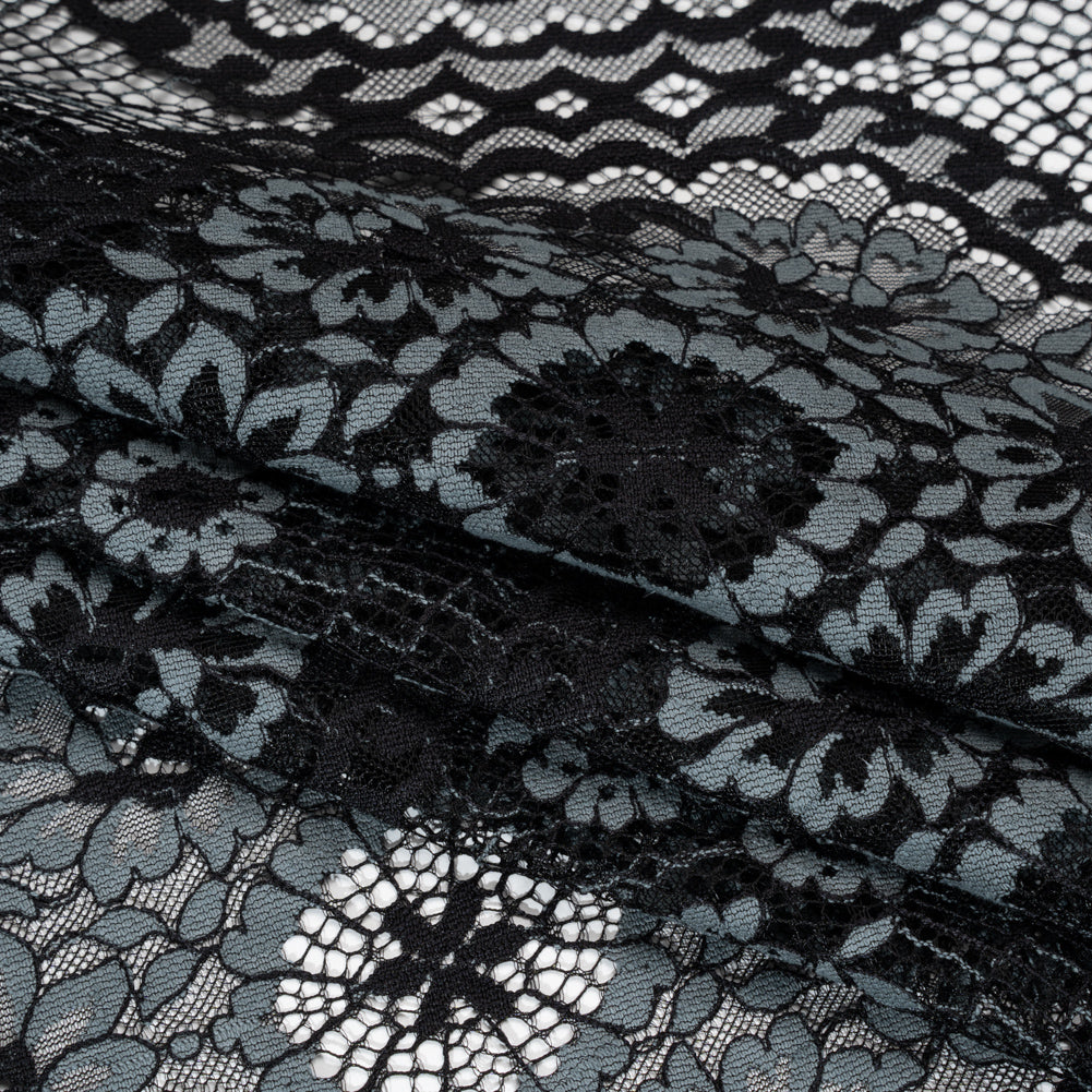 Raschel Lace with Finished Scalloped Edges - Black and Charcoal Sunflowers and Daisies Folded