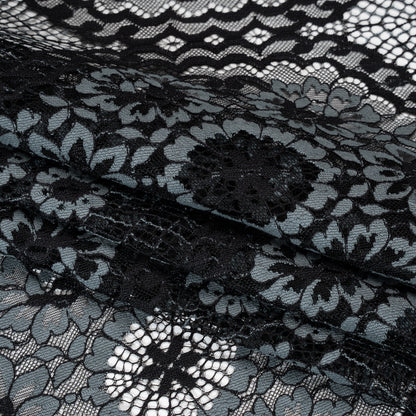 Raschel Lace with Finished Scalloped Edges - Black and Charcoal Sunflowers and Daisies Folded