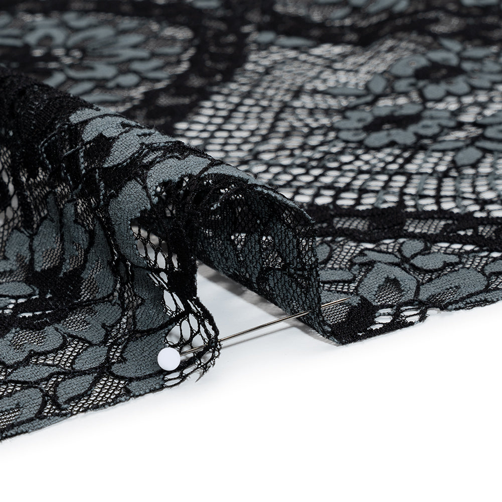 Raschel Lace with Finished Scalloped Edges - Black and Charcoal Sunflowers and Daisies Detail