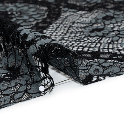 Raschel Lace with Finished Scalloped Edges - Black and Charcoal Sunflowers and Daisies Detail
