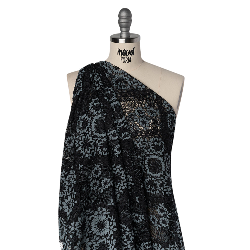 Raschel Lace with Finished Scalloped Edges - Black and Charcoal Sunflowers and Daisies Drape